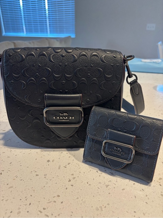 Coach Handbags - Coach Georgie Saddle Bag + Matching Wallet Signature Navy Embossed Leather